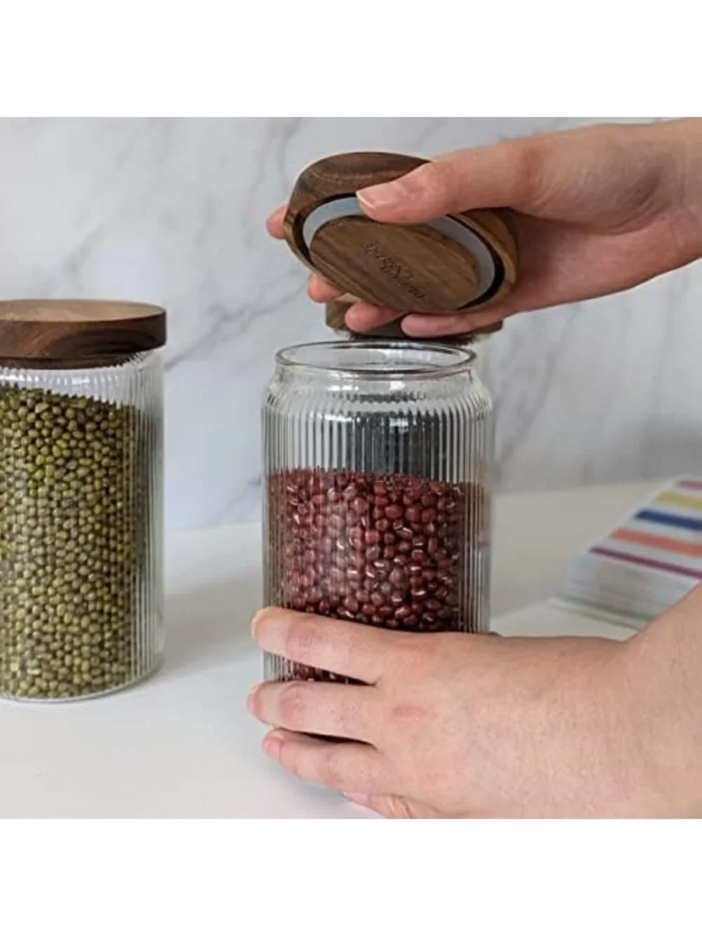 Ribbed Glass Storage Jars with Wooden Lids - Set of 3, Airtight Canisters for